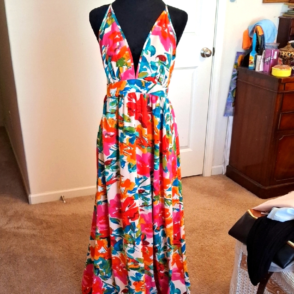 Red and Blue Halter Maxi Dress for Weddings And Summer Dates